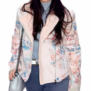 Pink Floral Fuzzy Moto Style Winter Coat